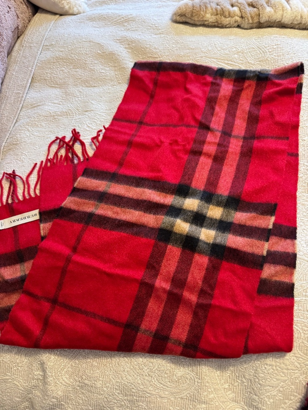 NWT Burberry Giant Check 100% Cashmere Scarf Bright Vermilion